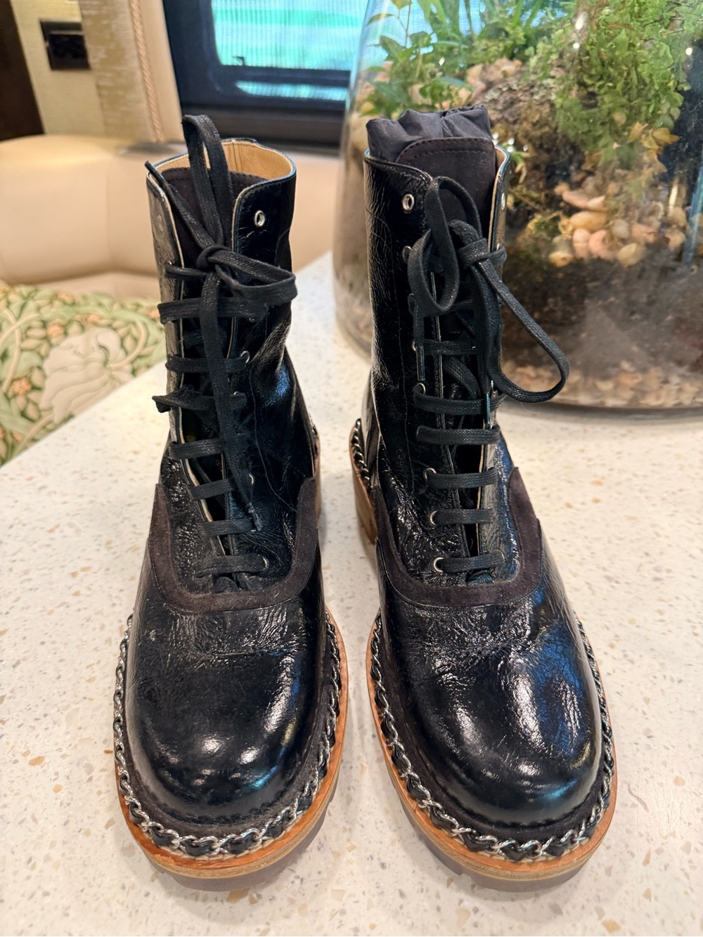 CHANEL Black Leather Lace-Up Chain-Trim Ankle Boots